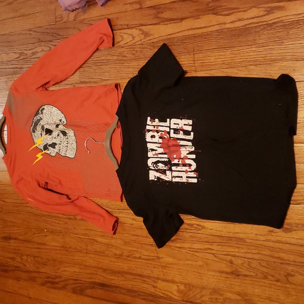 Two Halloween Shirts orange long sleeve size 10-12 black is short sleeve youth L